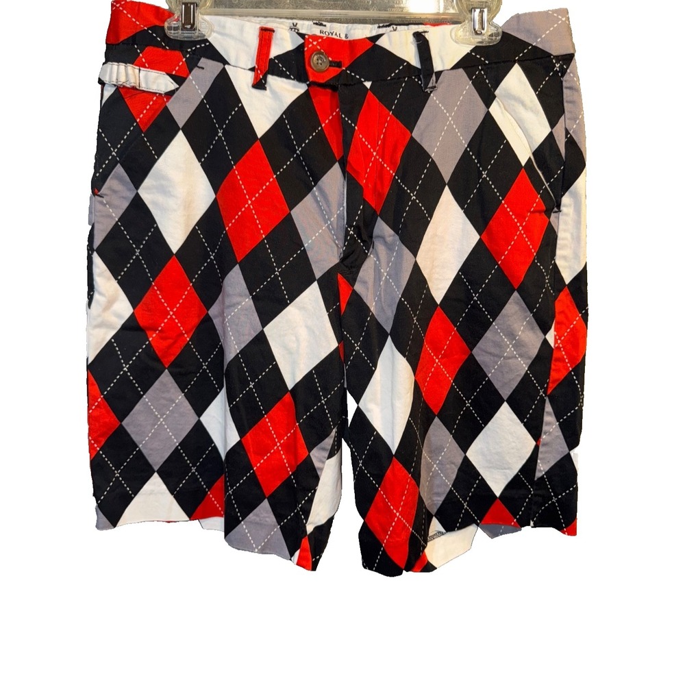 Royal & Awesome Golf Shorts Men's Size 34 Red Black Argyle Cotton Blend athletic